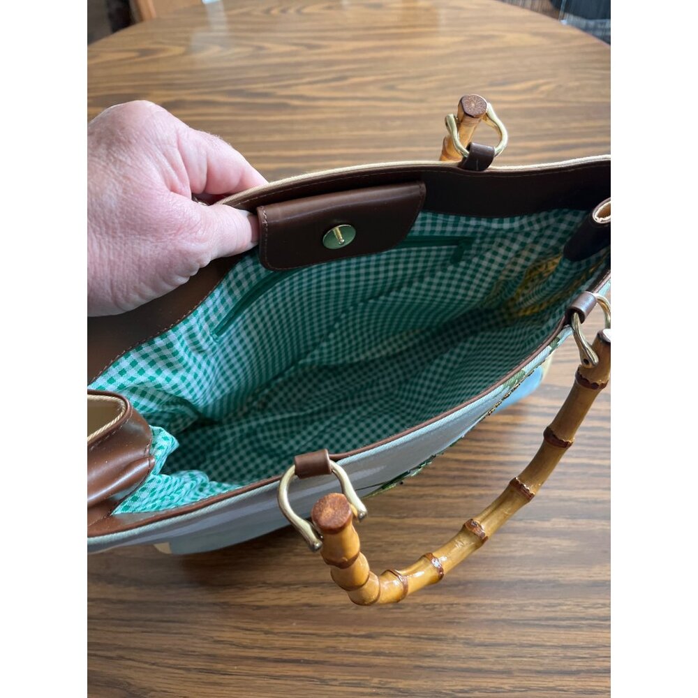 Frog beaded bamboo look handled tote bag - Picture 3 of 10